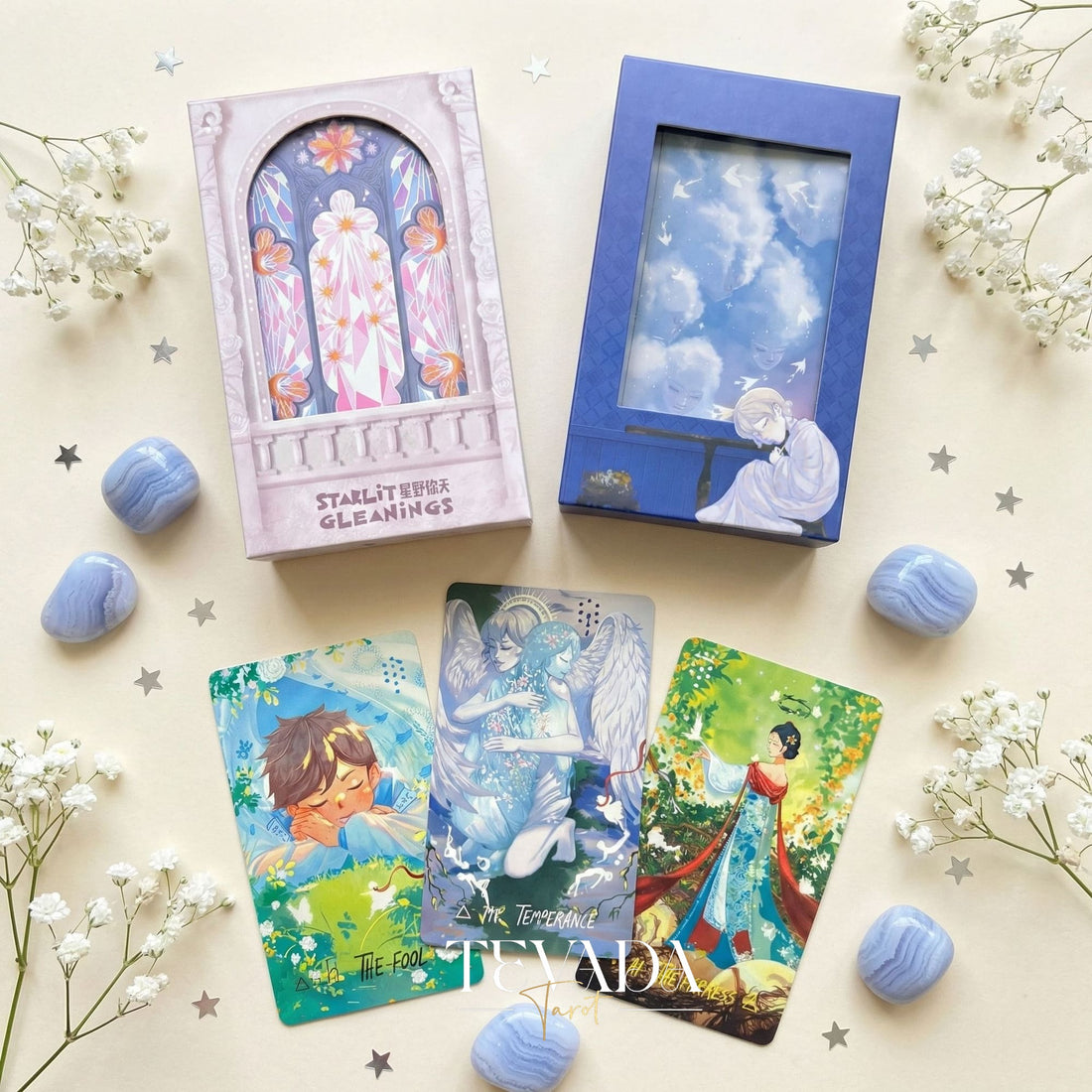 Starlit Gleanings Tarot with cute anime style watercolor art for intuitive divination and healing guidance.