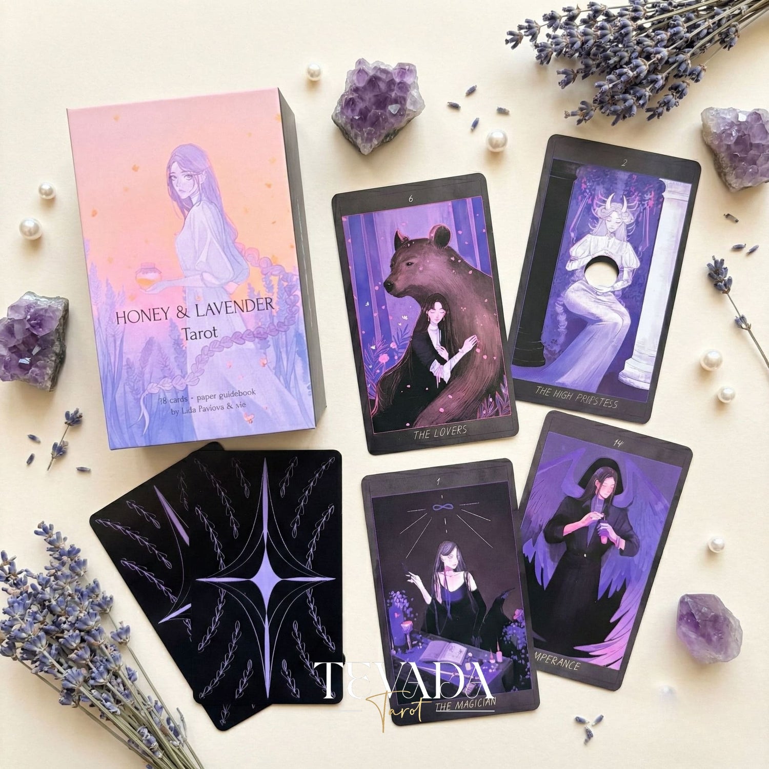 Honey and Lavender Tarot Deck featuring soft gothic Asian style art for shadow work and intuitive healing.