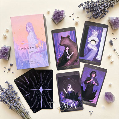Honey and Lavender Tarot Deck featuring soft gothic Asian style art for shadow work and intuitive healing.