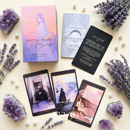 Honey and Lavender Tarot Deck featuring soft gothic Asian style art for shadow work and intuitive healing.