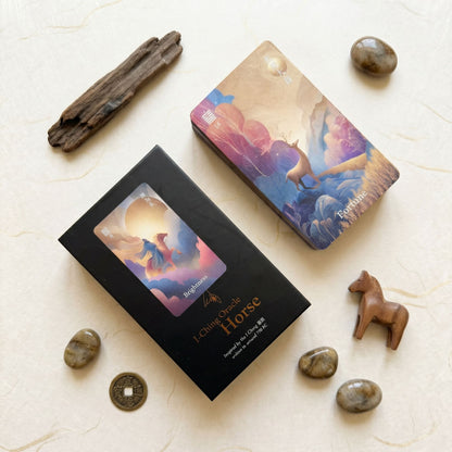 I-Ching Oracle: Horse Edition — a 64-card oracle deck fusing I-Ching divination with Three Kingdoms legends, featuring gold gilt edges and premium 400gsm matte-finish cards.