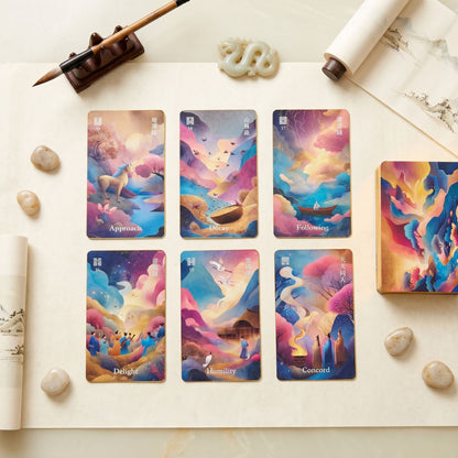 I-Ching Oracle: Horse Edition — a 64-card oracle deck fusing I-Ching divination with Three Kingdoms legends, featuring gold gilt edges and premium 400gsm matte-finish cards.