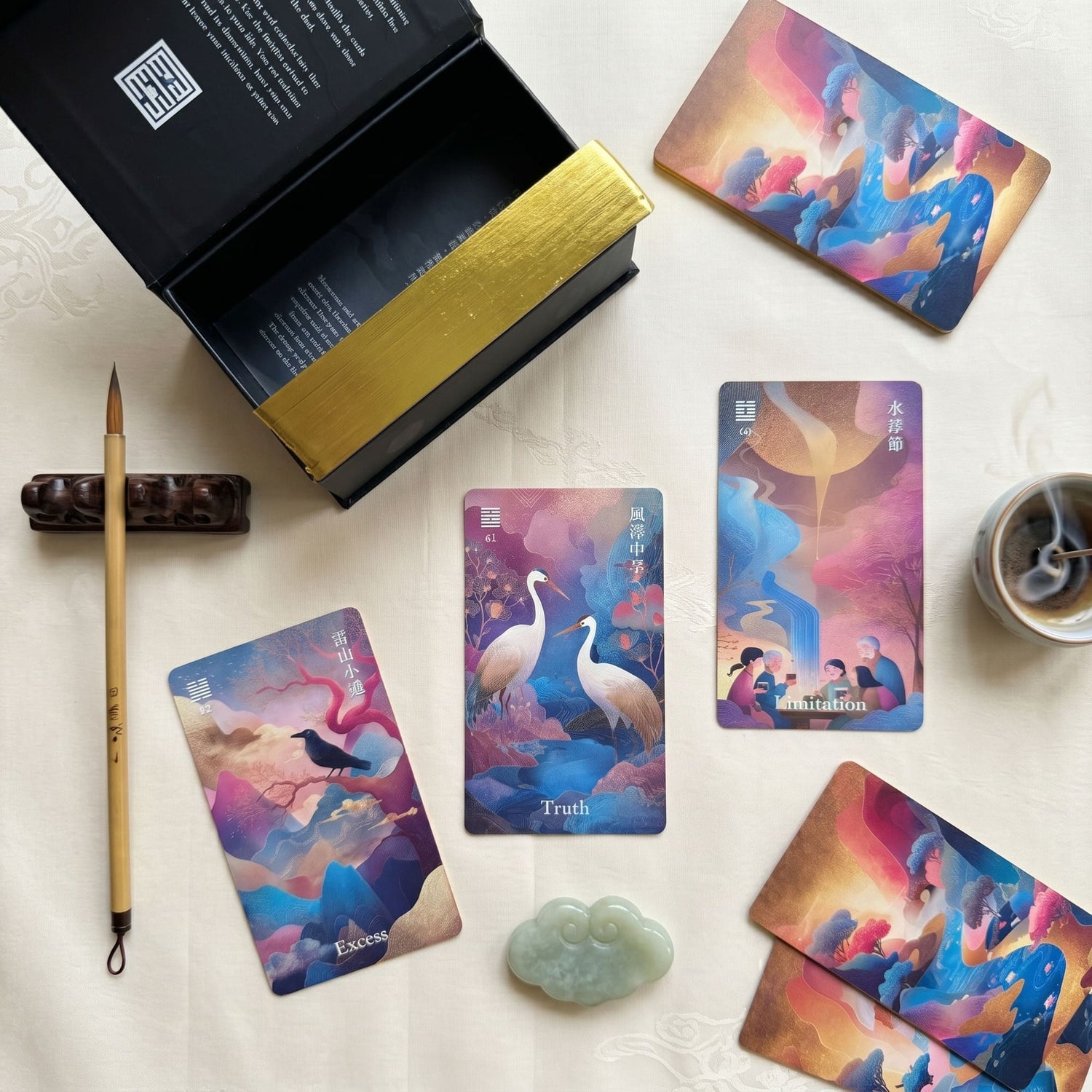 I-Ching Oracle: Horse Edition — a 64-card oracle deck fusing I-Ching divination with Three Kingdoms legends, featuring gold gilt edges and premium 400gsm matte-finish cards.