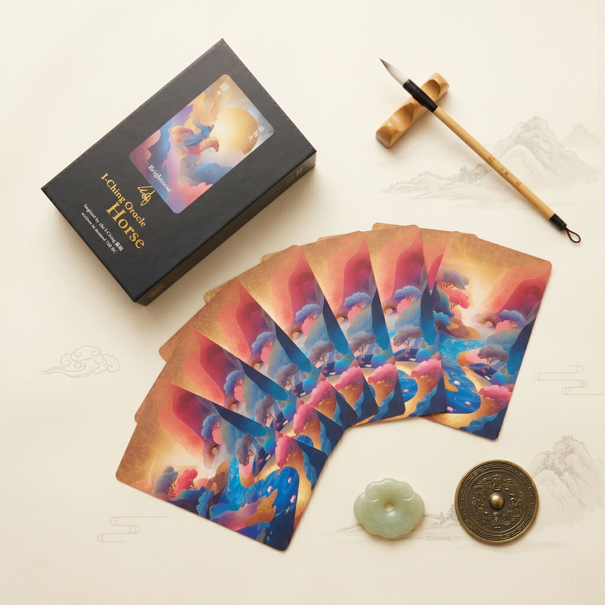 I-Ching Oracle: Horse Edition — a 64-card oracle deck fusing I-Ching divination with Three Kingdoms legends, featuring gold gilt edges and premium 400gsm matte-finish cards.