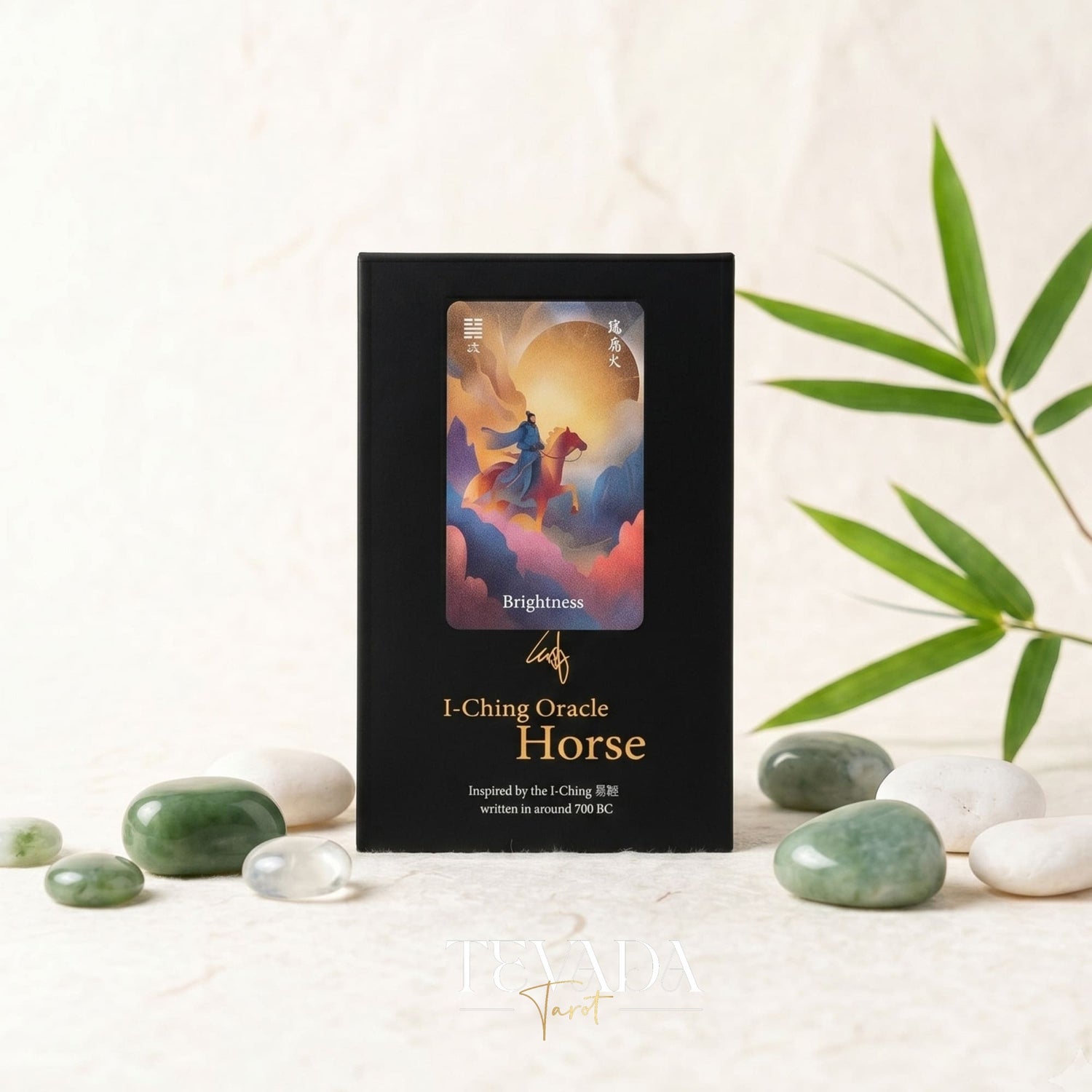 I-Ching Oracle: Horse Edition — a 64-card oracle deck fusing I-Ching divination with Three Kingdoms legends, featuring gold gilt edges and premium 400gsm matte-finish cards.