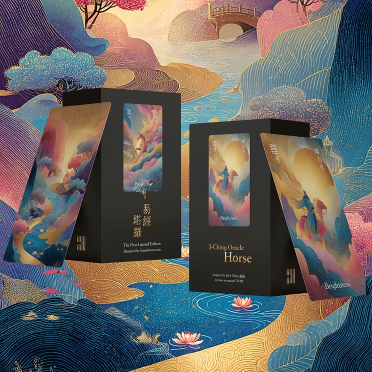 I-Ching Oracle: Horse Edition — a 64-card oracle deck fusing I-Ching divination with Three Kingdoms legends, featuring gold gilt edges and premium 400gsm matte-finish cards.