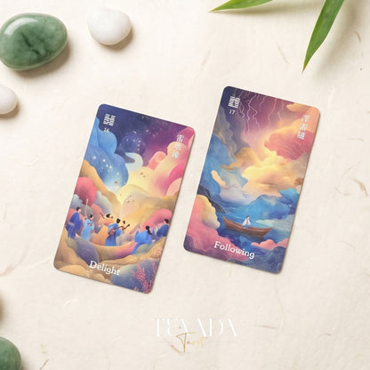 I-Ching Oracle: Horse Edition — a 64-card oracle deck fusing I-Ching divination with Three Kingdoms legends, featuring gold gilt edges and premium 400gsm matte-finish cards.
