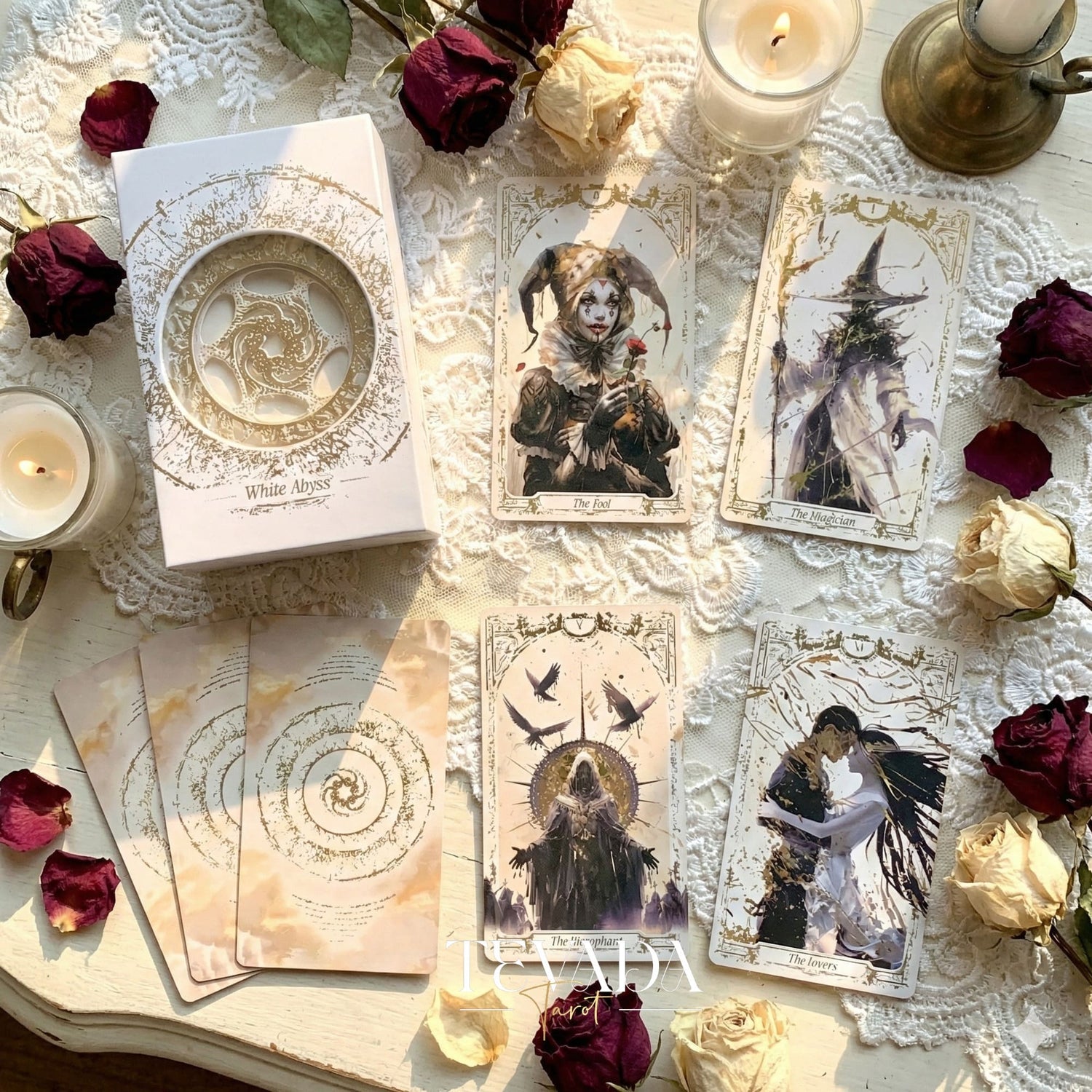 Abyss Tarot Deck 2026 Edition gothic luxury Indie Tarot Cards with gold foil edges for shadow work.