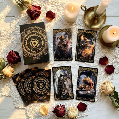Abyss Tarot Deck 2026 Edition gothic luxury Indie Tarot Cards with gold foil edges for shadow work.