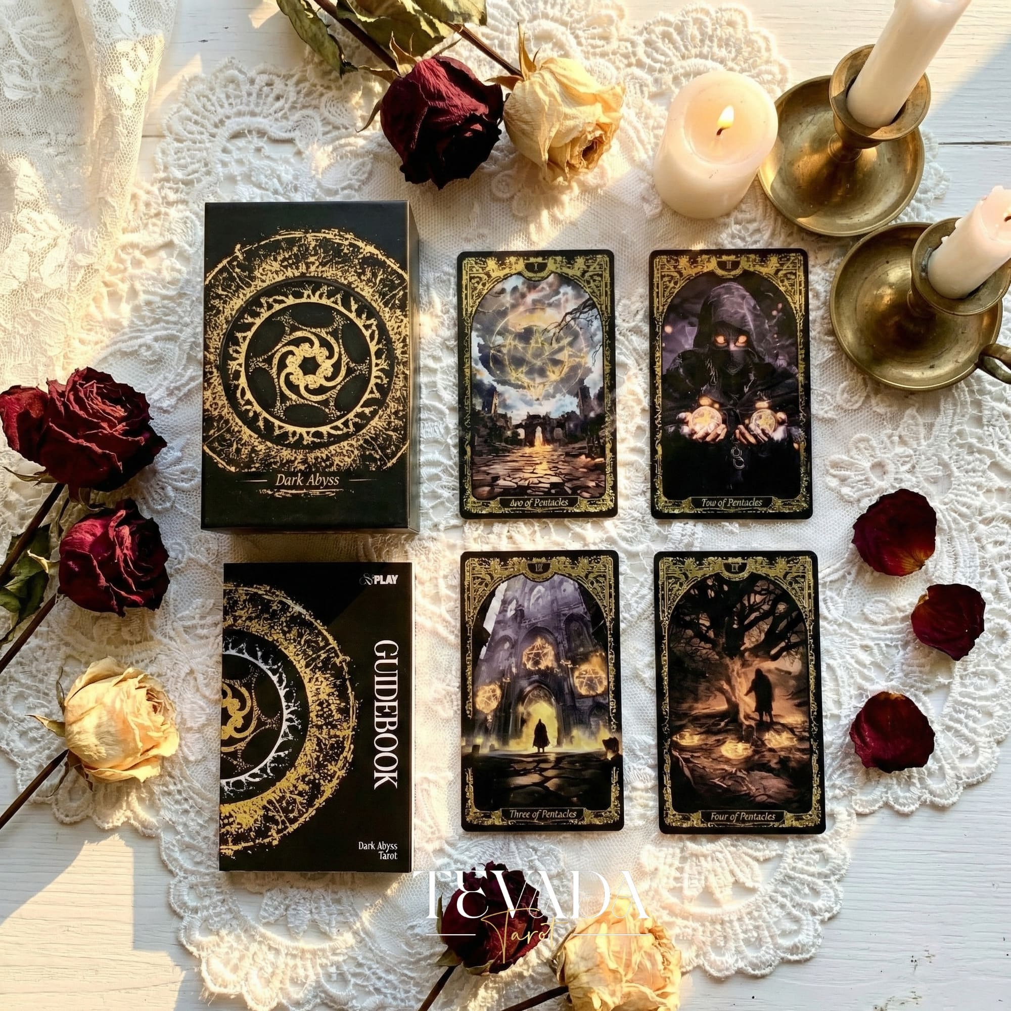 Abyss Tarot Deck 2026 Edition gothic luxury Indie Tarot Cards with gold foil edges for shadow work.