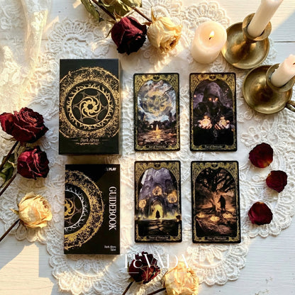 Abyss Tarot Deck 2026 Edition gothic luxury Indie Tarot Cards with gold foil edges for shadow work.