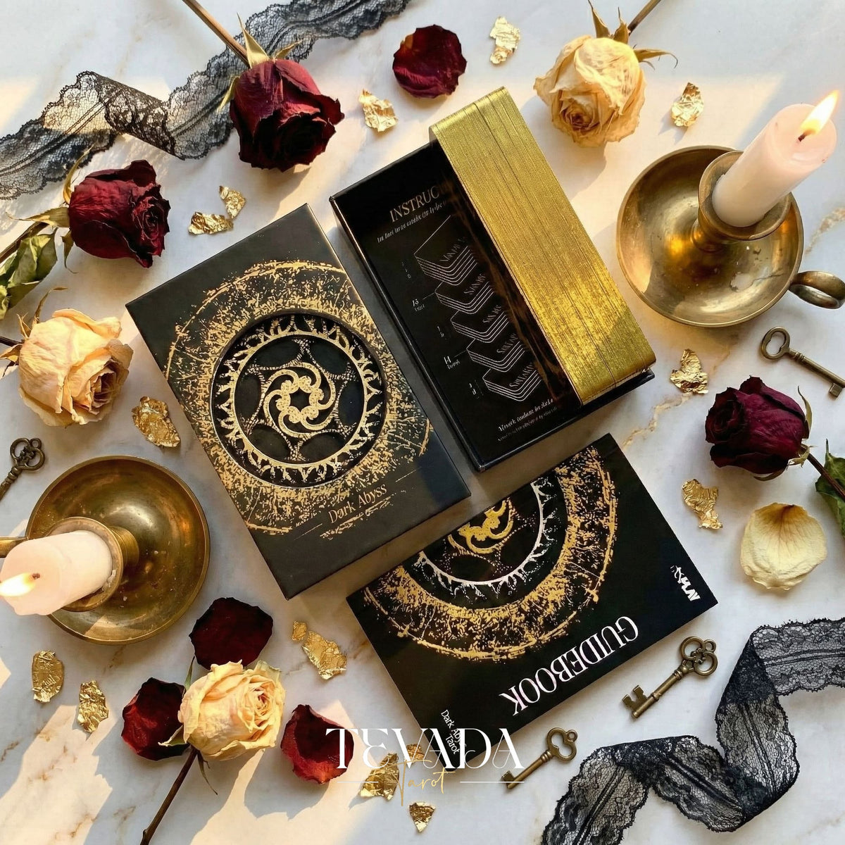 Abyss Tarot Deck 2026 Edition gothic luxury Indie Tarot Cards with gold foil edges for shadow work.