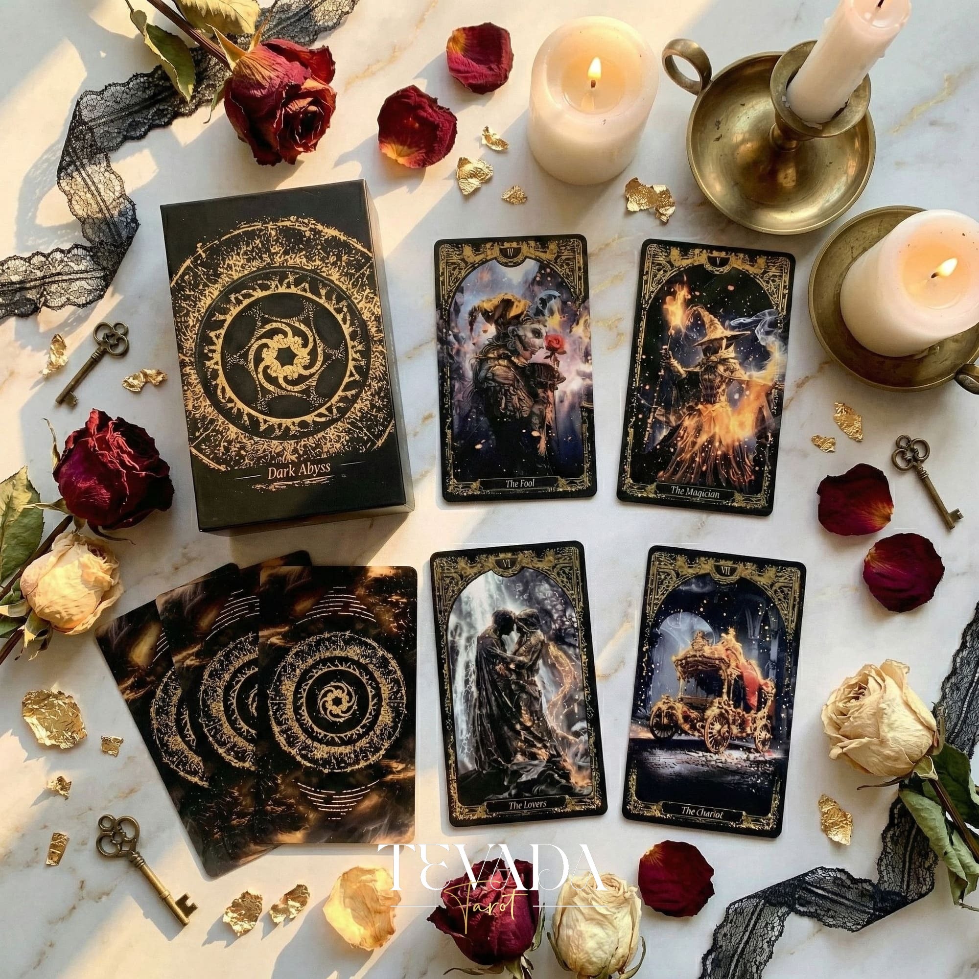 Abyss Tarot Deck 2026 Edition gothic luxury Indie Tarot Cards with gold foil edges for shadow work.