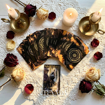 Abyss Tarot Deck 2026 Edition gothic luxury Indie Tarot Cards with gold foil edges for shadow work.