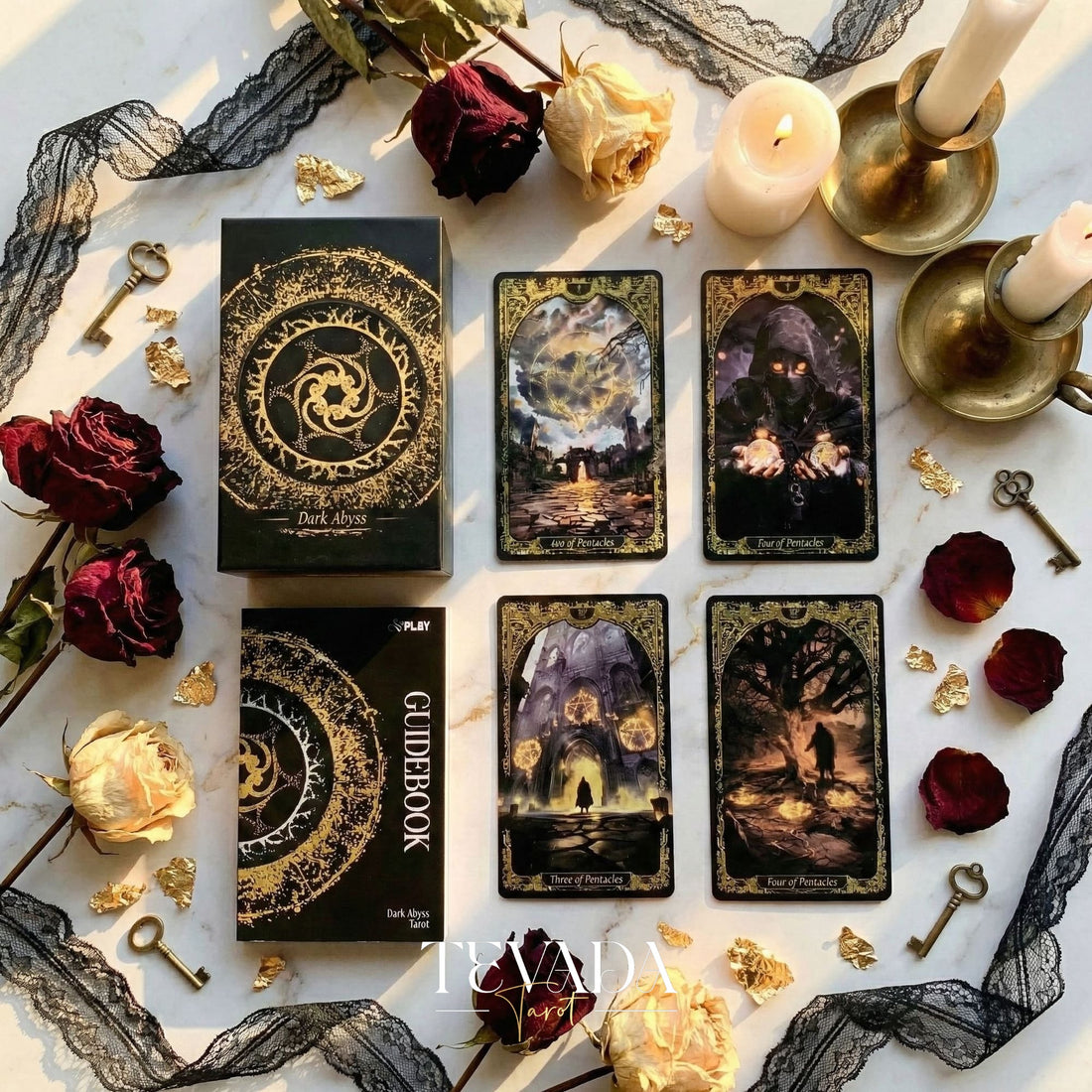 Abyss Tarot Deck 2026 Edition gothic luxury Indie Tarot Cards with gold foil edges for shadow work.
