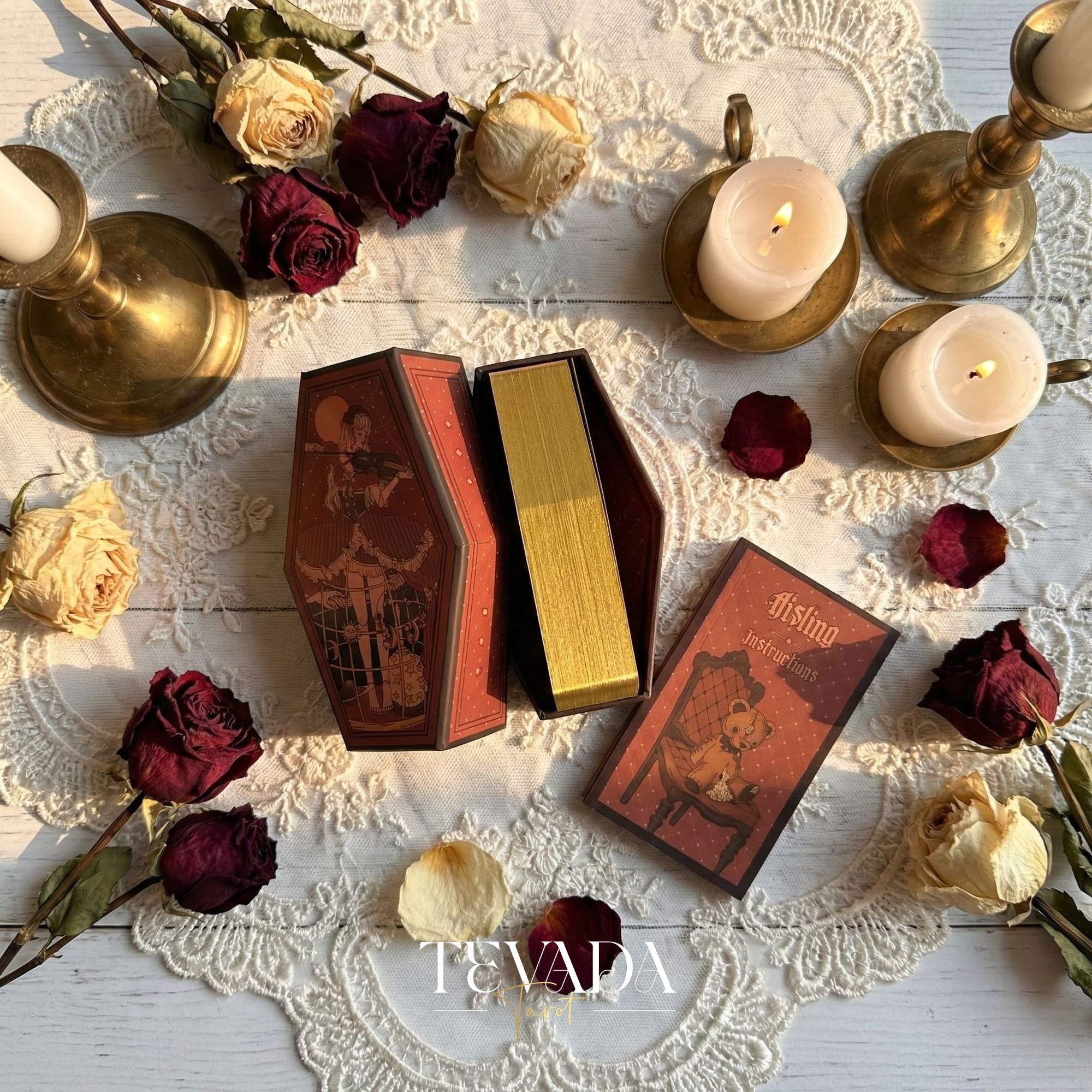 Aisling Tarot Gilded Edt featuring gothic violin art and coffin box for shadow work divination.