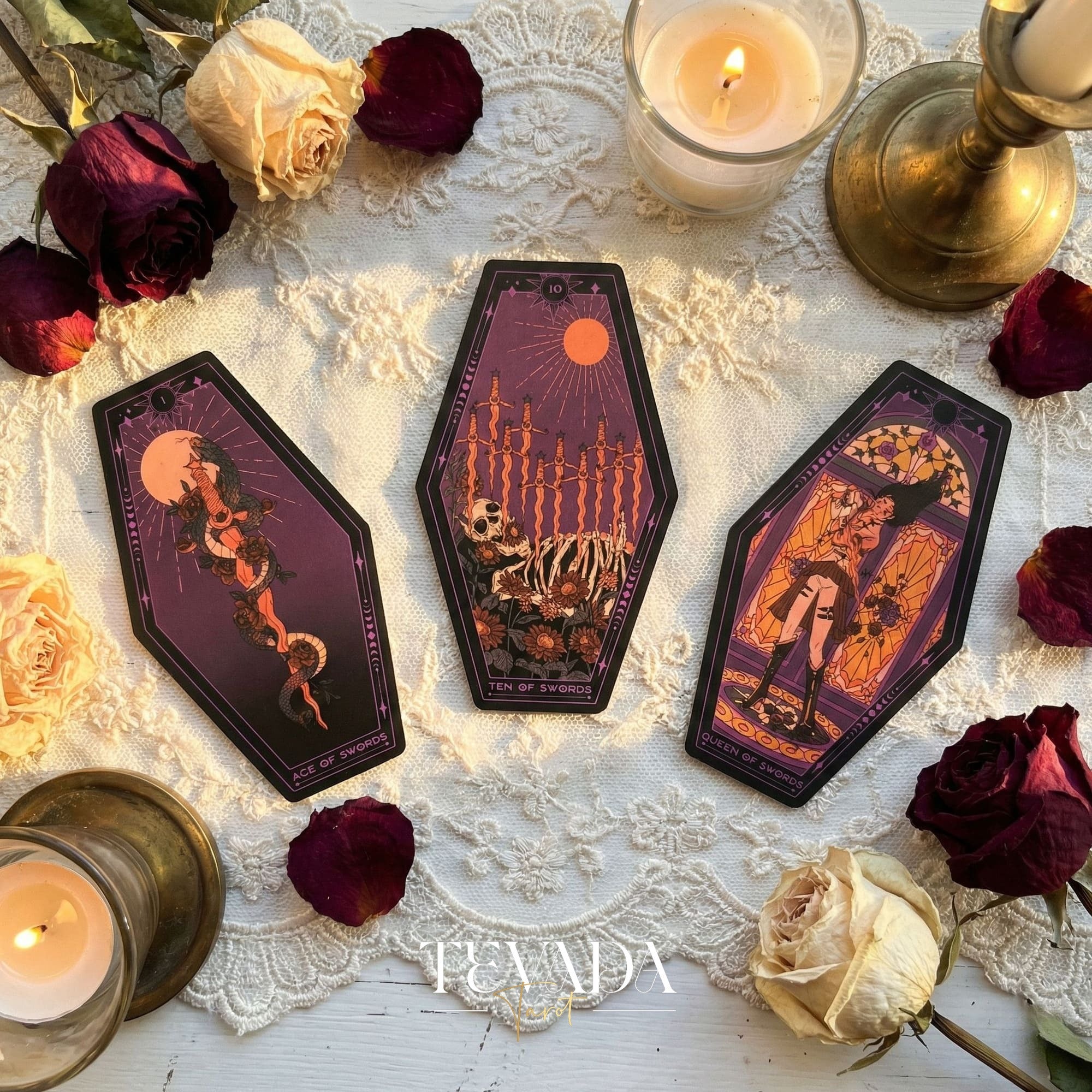 Aisling Tarot Gilded Edt featuring gothic violin art and coffin box for shadow work divination.