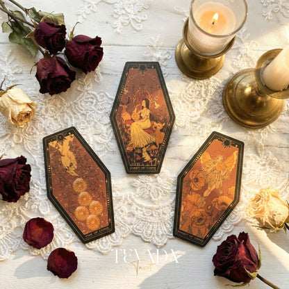Aisling Tarot Gilded Edt featuring gothic violin art and coffin box for shadow work divination.