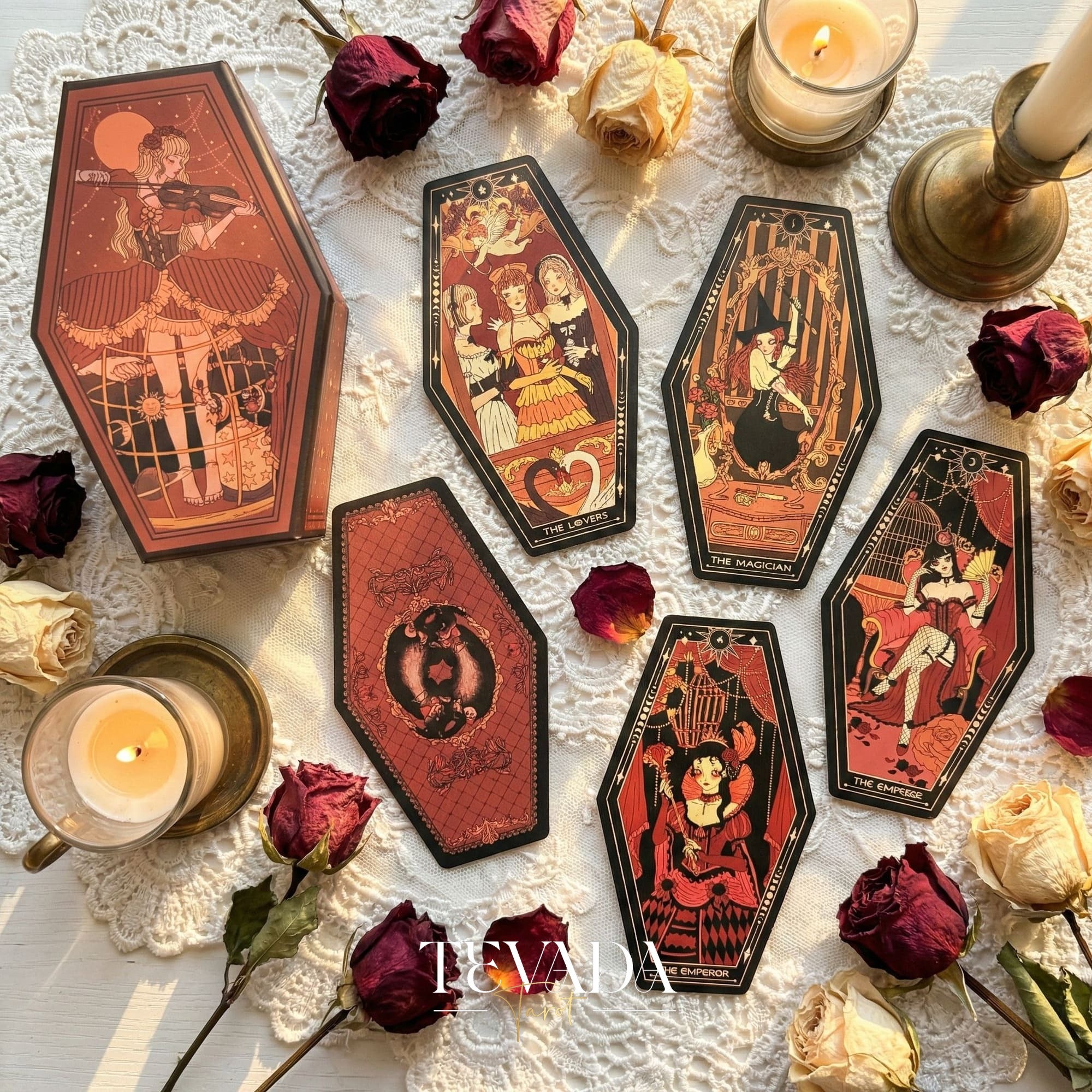 Aisling Tarot Gilded Edt featuring gothic violin art and coffin box for shadow work divination.