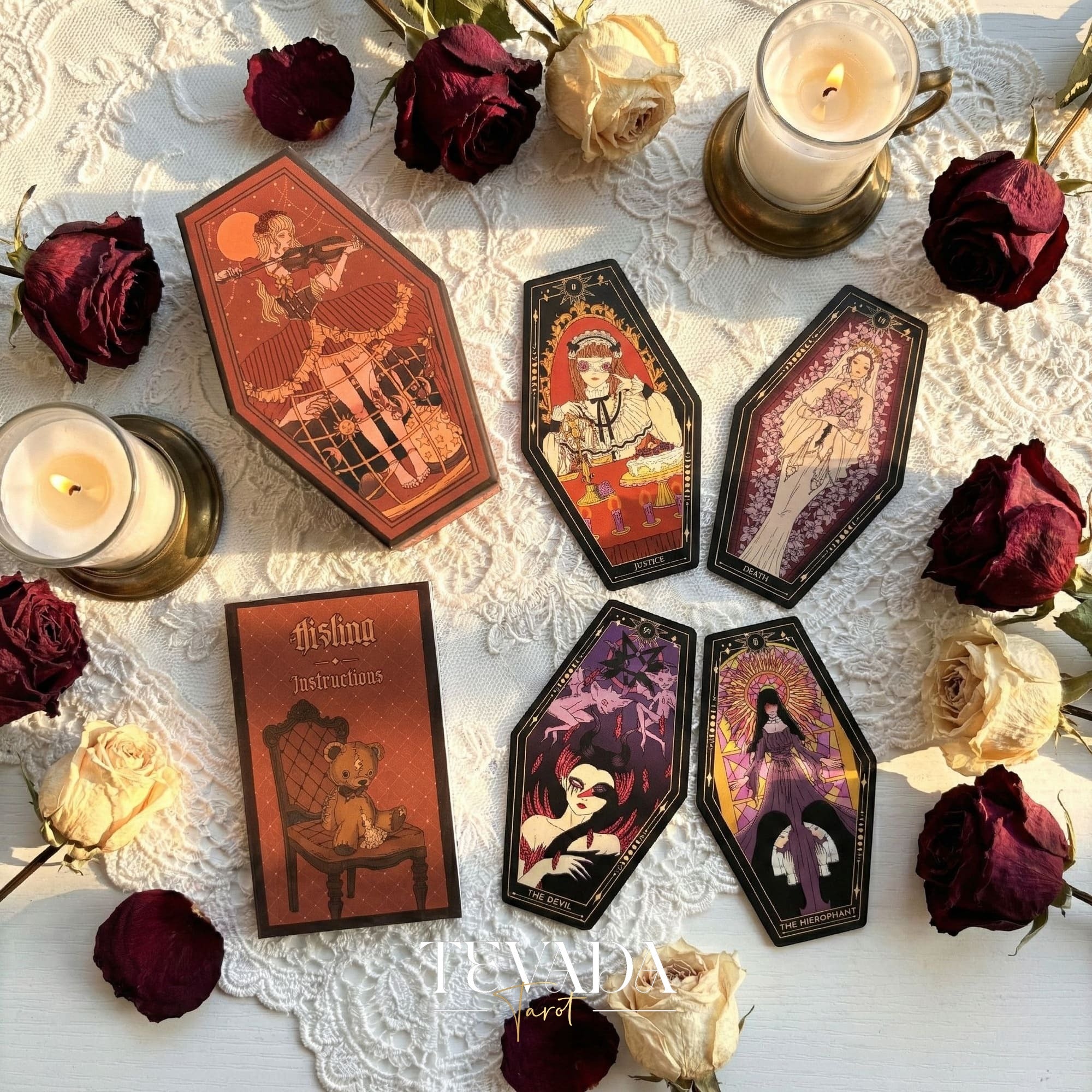 Aisling Tarot Gilded Edt featuring gothic violin art and coffin box for shadow work divination.
