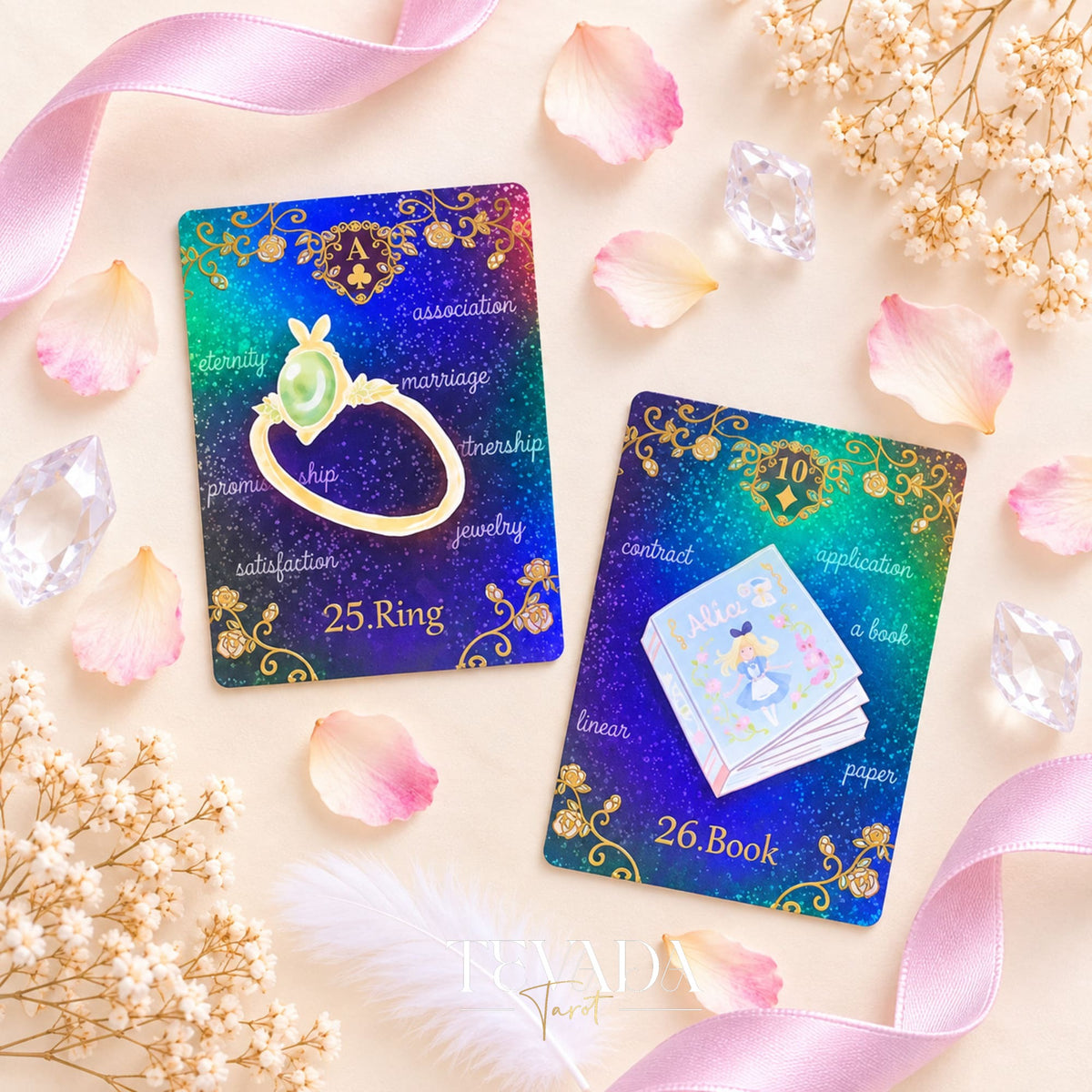 Alice’s Illusory Dream Lenormand card spread showing whimsical dream motifs and purple gilded edges.