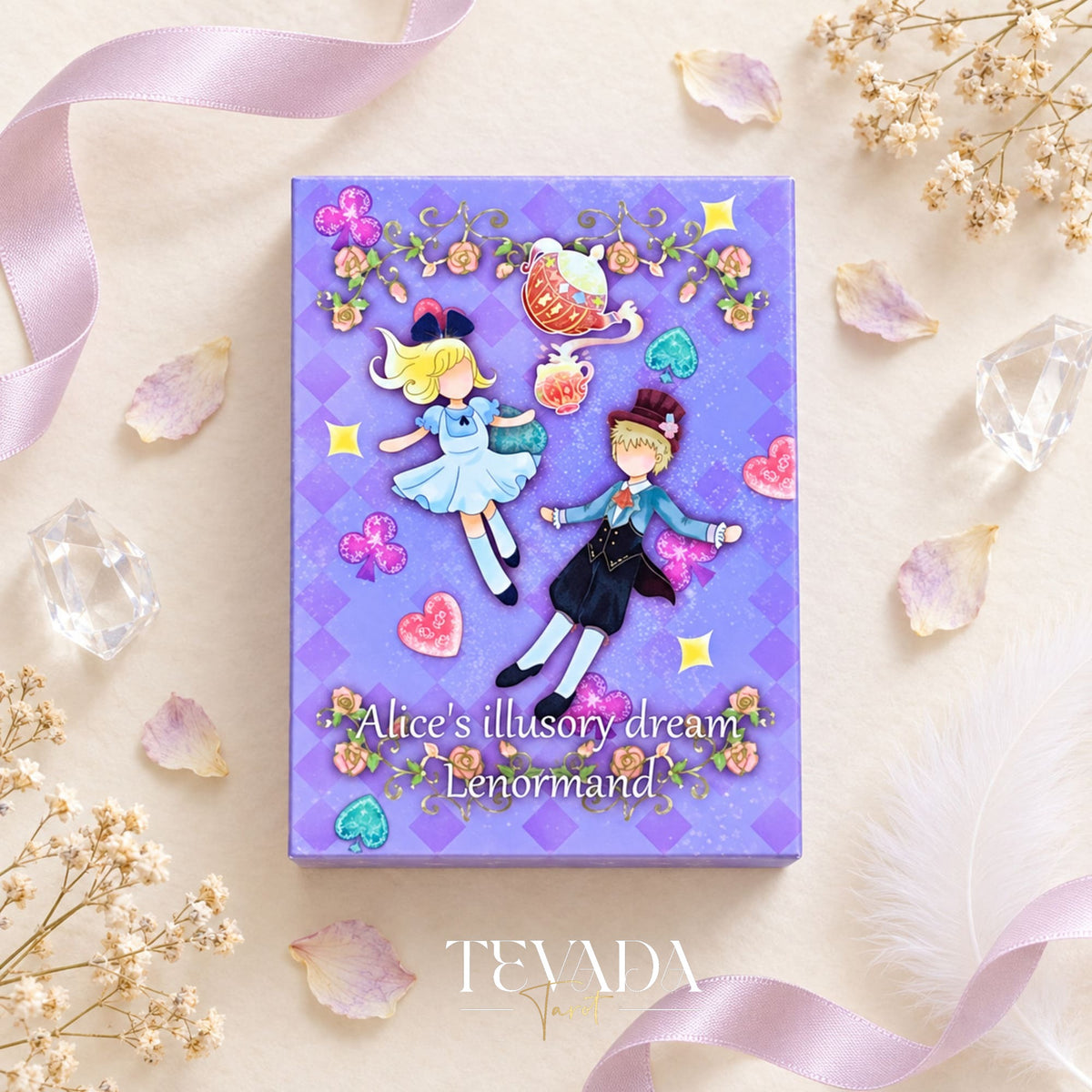 Alice’s Illusory Dream Lenormand REG product scene with illustrated cards, rabbit-inspired symbolism, and soft storybook details.