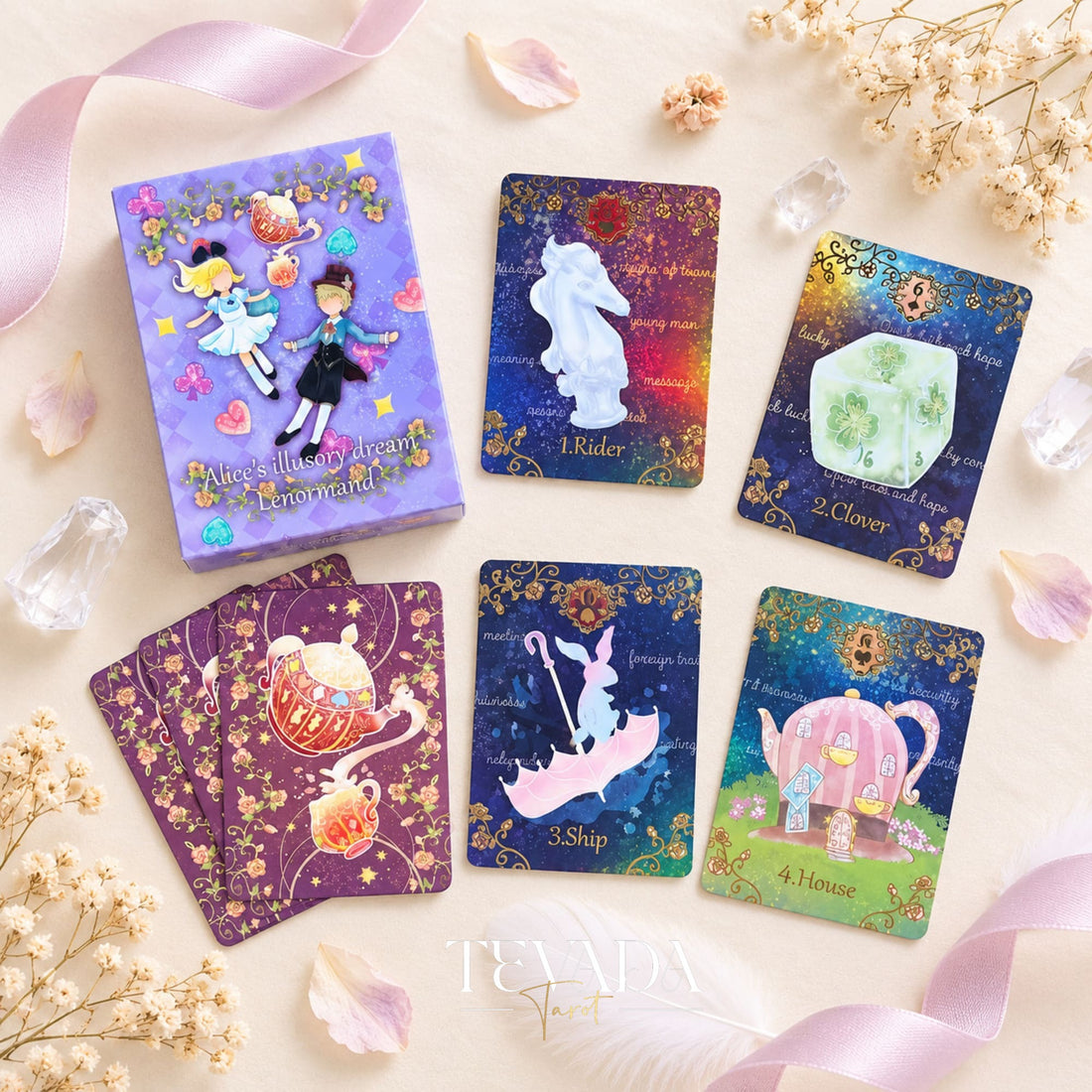 Alice’s Illusory Dream Lenormand REG deck box and whimsical purple-edged cards arranged on a dreamy storybook background.