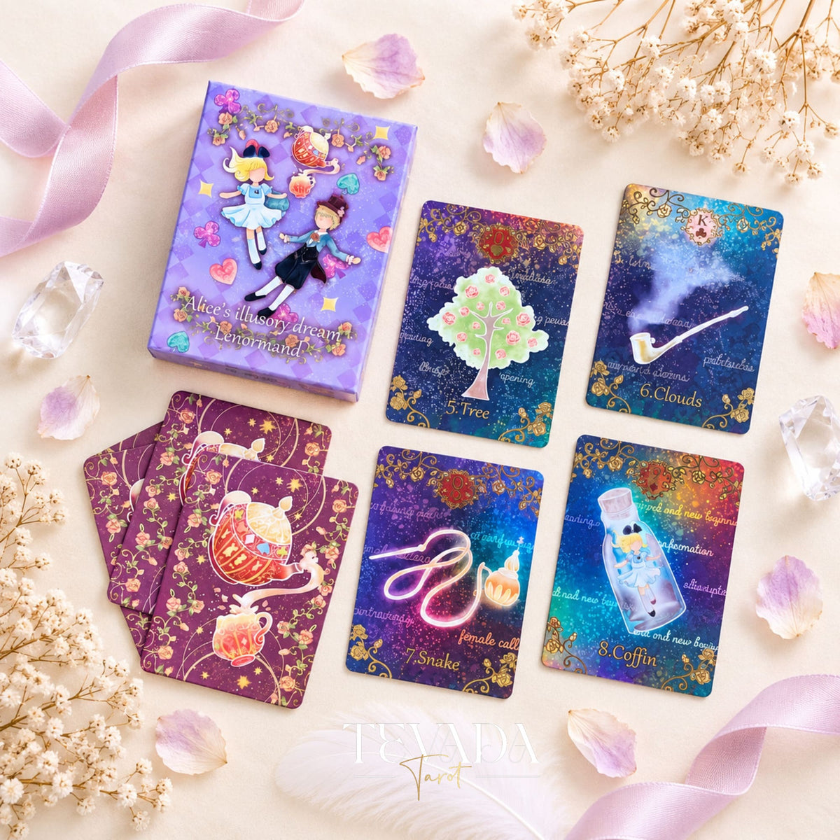 Alice’s Illusory Dream Lenormand cards featuring a rabbit key, curious paths, and enchanted storybook imagery.