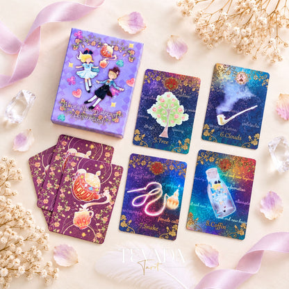 Alice’s Illusory Dream Lenormand cards featuring a rabbit key, curious paths, and enchanted storybook imagery.