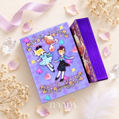 Purple foil gilded Alice’s Illusory Dream Lenormand cards displayed in a whimsical spread with Alice in Wonderland-inspired symbols.