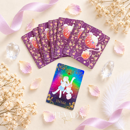 Close-up of Alice’s Illusory Dream Lenormand cards with playful characters, birds, and magical scenery.