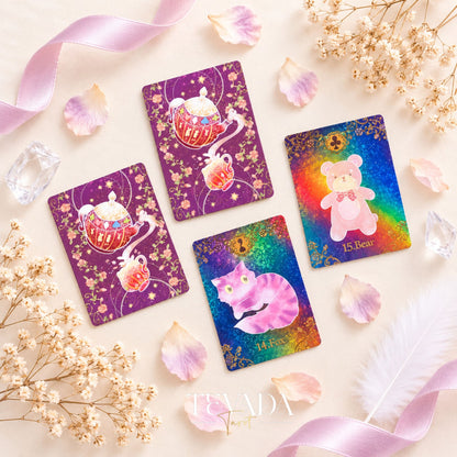 Storybook-style Alice’s Illusory Dream Lenormand cards arranged with the rigid box and enchanted decorative elements.