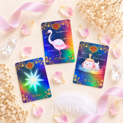 Alice’s Illusory Dream Lenormand REG cards in a dreamy purple and pastel palette, arranged for intuitive readings.