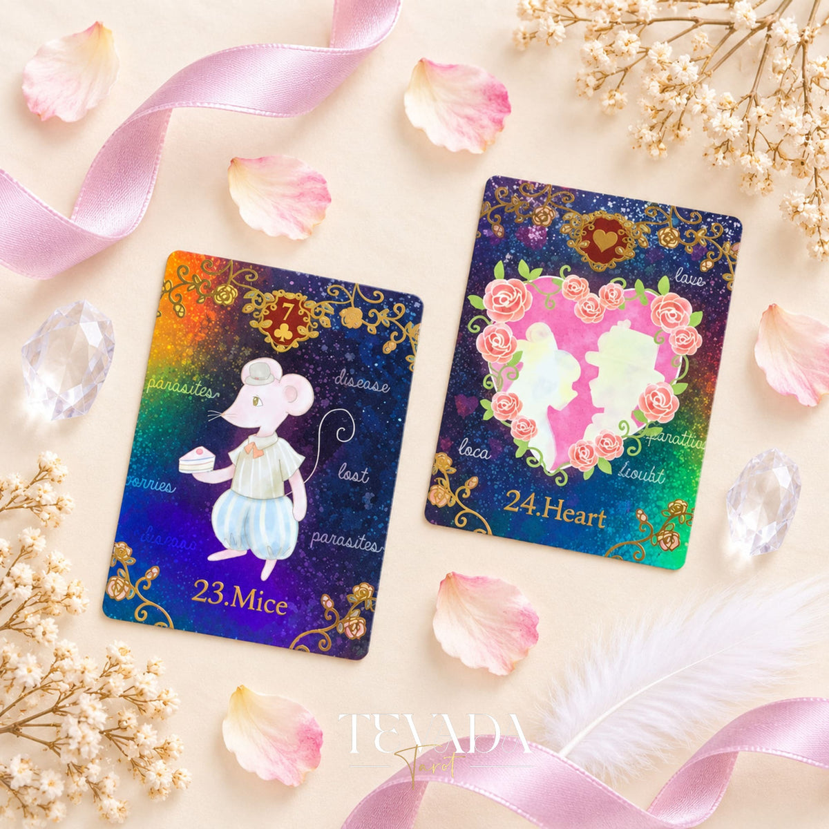 Alice’s Illusory Dream Lenormand deck and rigid box shown in a magical product display with purple foil-edged cards.