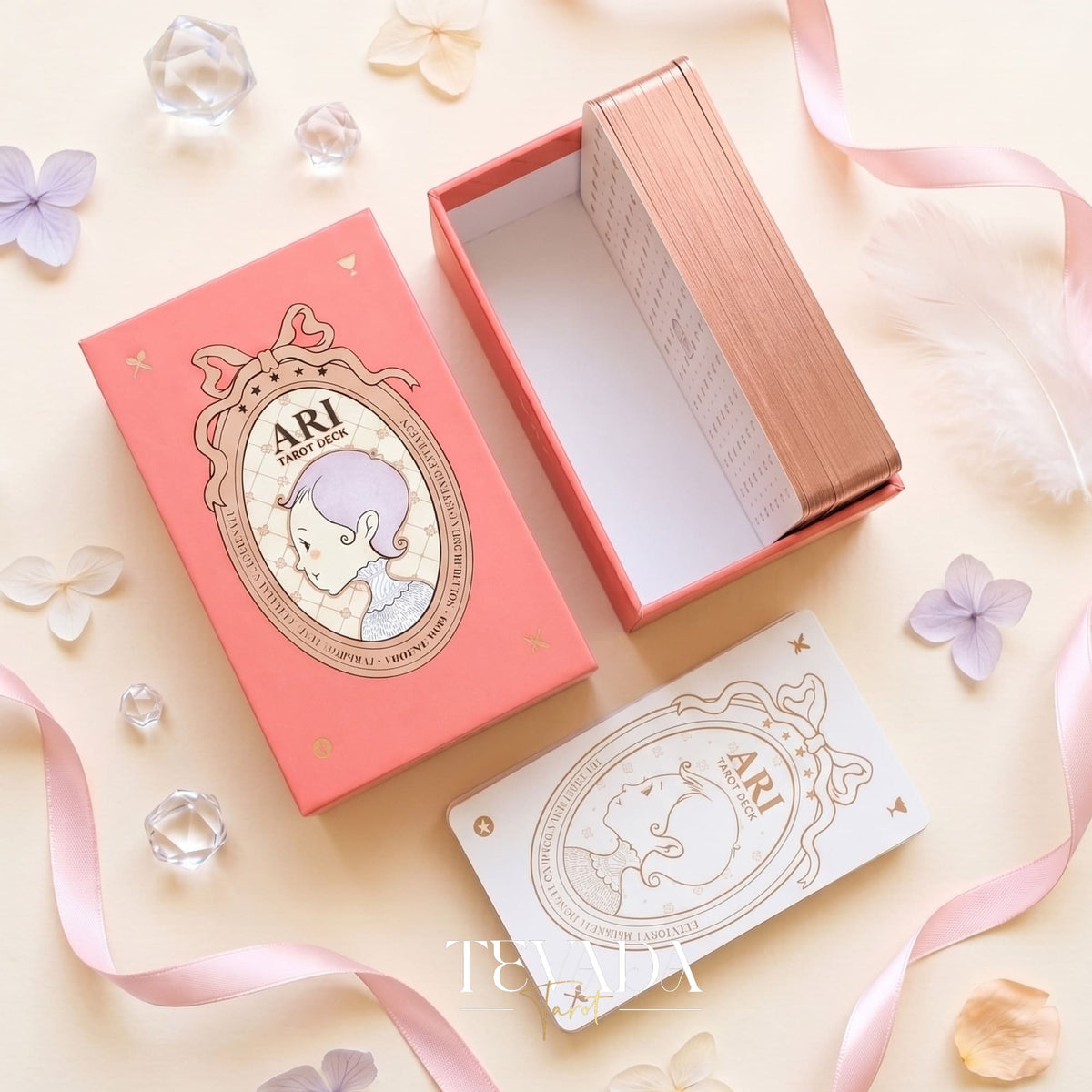 Ari Baby Tarot Deck whimsical pink cartoon indie tarot deck with foil pink edges for gentle inner child healing.