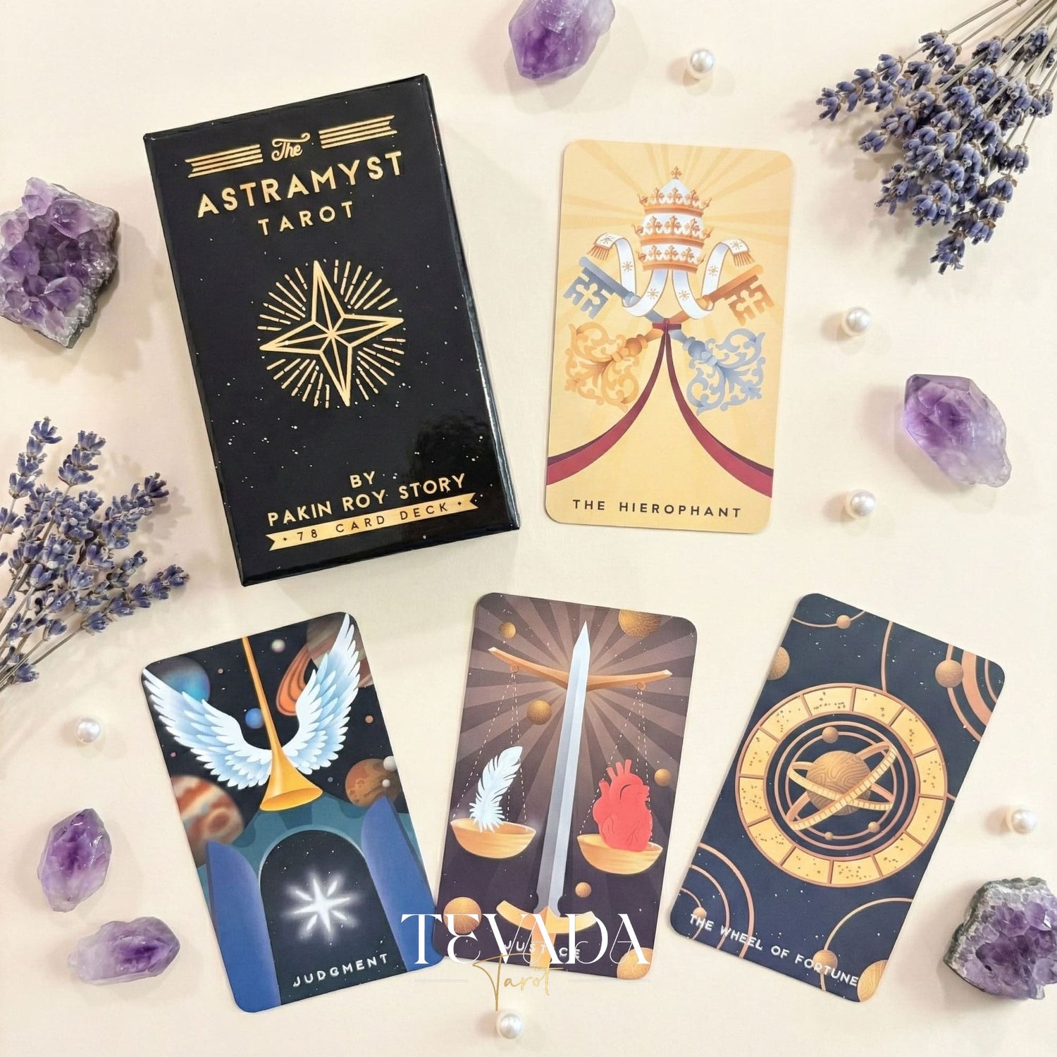 The Astramyst Tarot Deck whimsical cosmic and Thai Khon art Indie Tarot Deck on 350gsm matte paper for self reflection.