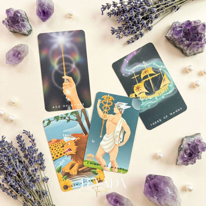 The Astramyst Tarot Deck whimsical cosmic and Thai Khon art Indie Tarot Deck on 350gsm matte paper for self reflection.