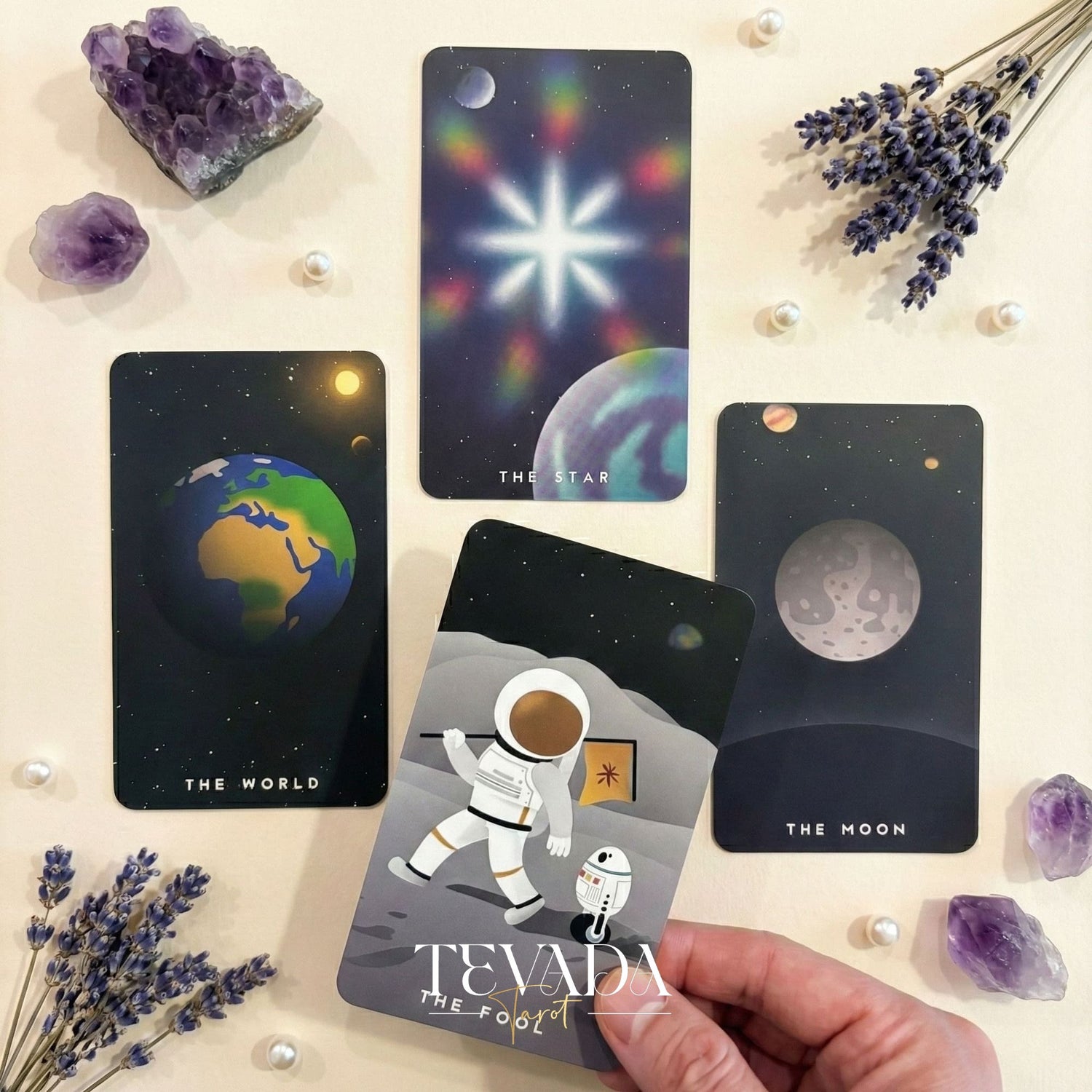 The Astramyst Tarot Deck whimsical cosmic and Thai Khon art Indie Tarot Deck on 350gsm matte paper for self reflection.