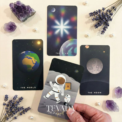 The Astramyst Tarot Deck whimsical cosmic and Thai Khon art Indie Tarot Deck on 350gsm matte paper for self reflection.