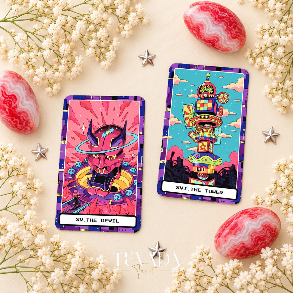 At the Edge of the Galaxy Tarot The Devil and The Tower card fronts in vivid cyberpunk colors among white flowers and pink stones.