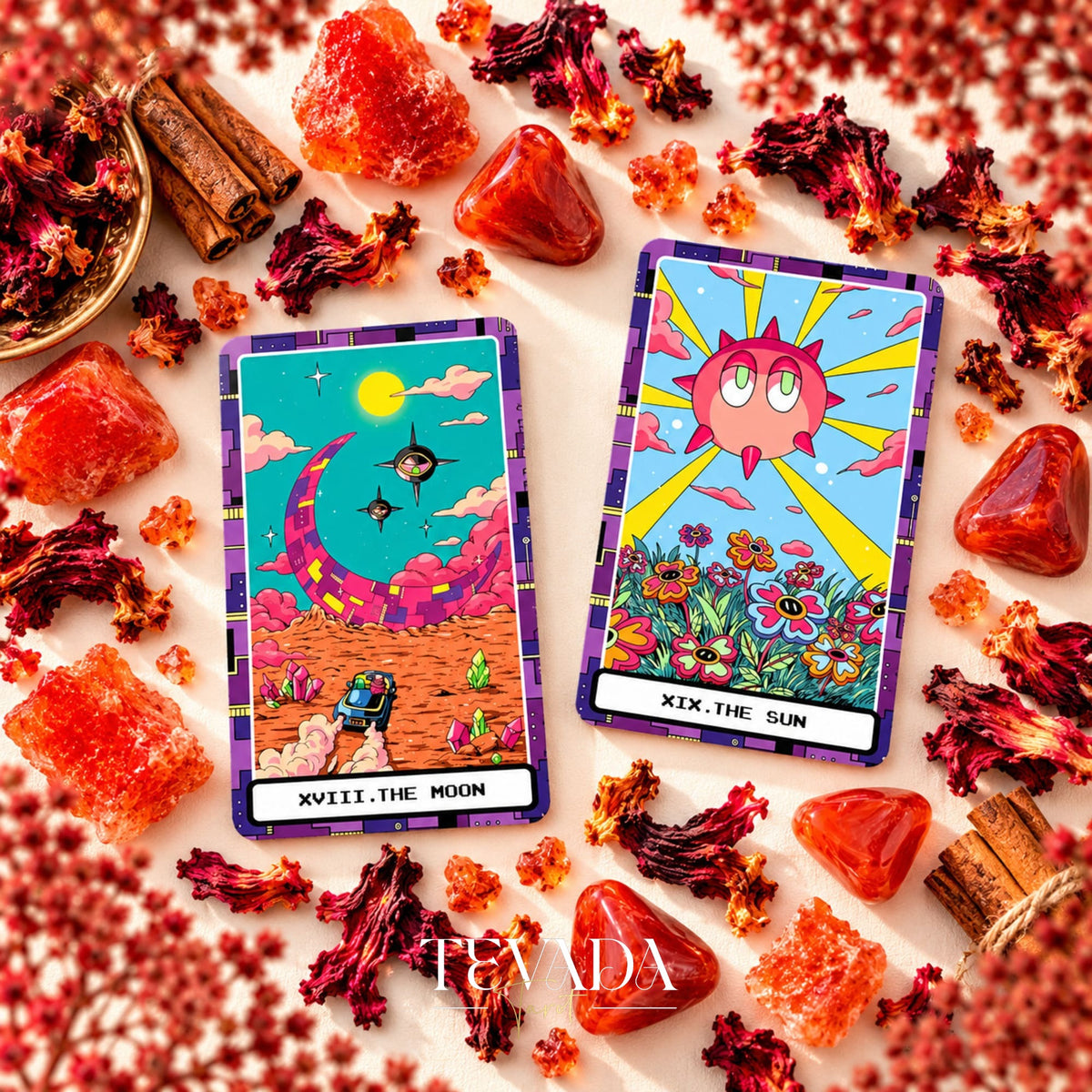 At the Edge of the Galaxy Tarot The Moon and The Sun card fronts with bright turquoise, pink and yellow artwork.
