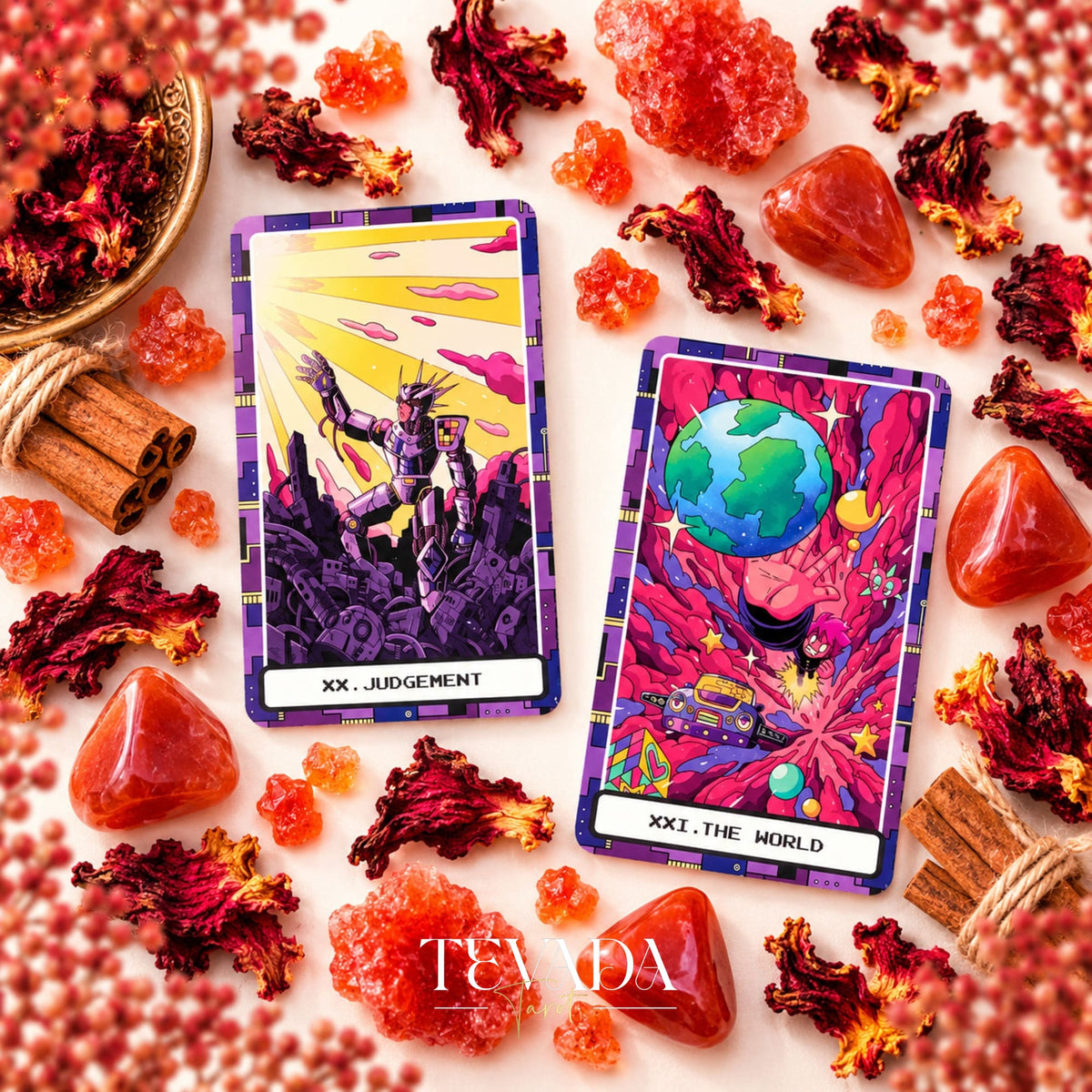 At the Edge of the Galaxy Tarot Judgement and The World card fronts displayed side by side among red flowers and crystals.