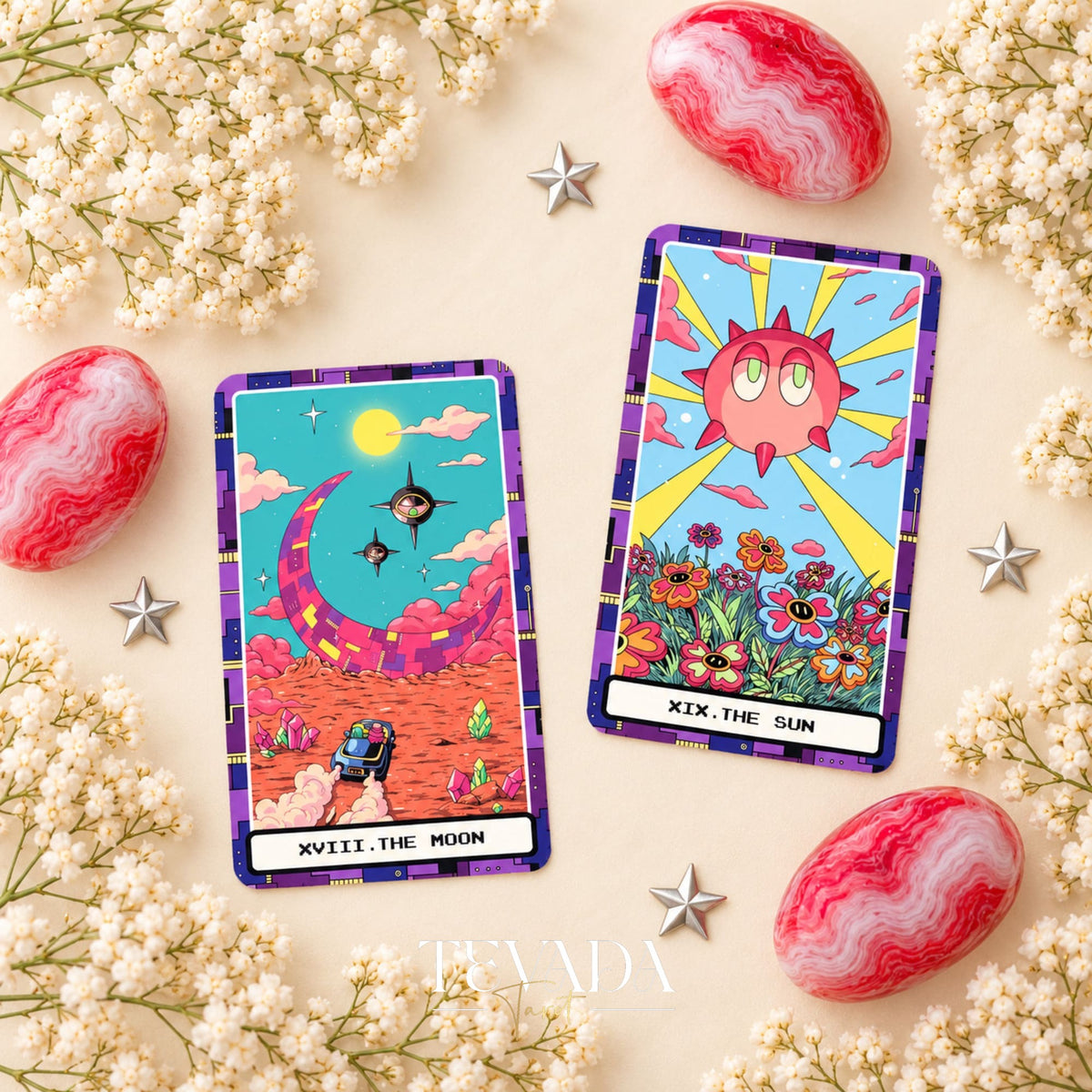 At the Edge of the Galaxy Tarot The Moon and The Sun card fronts with bright turquoise, pink and yellow artwork.