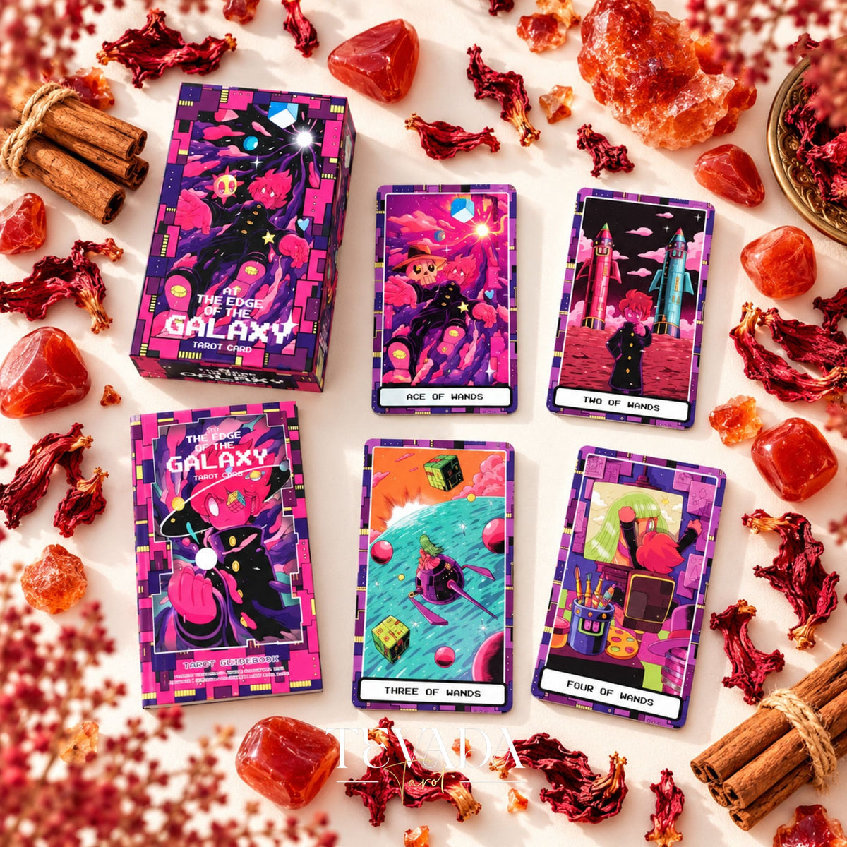 At the Edge of the Galaxy Tarot box beside five brightly colored science-fiction tarot card fronts on a white background with red flowers.