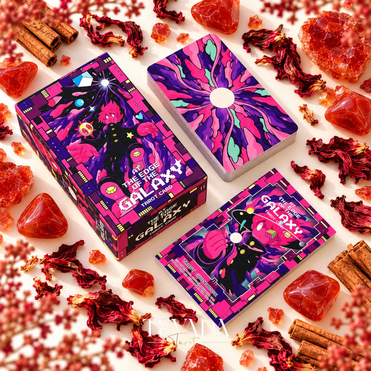 At the Edge of the Galaxy Tarot open rigid box with a stacked deck and matching purple, pink and orange sunburst card back.