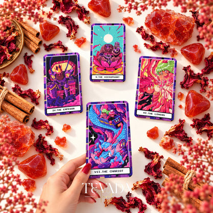 A hand holds a card from At the Edge of the Galaxy Tarot with three other neon illustrated tarot cards arranged behind it.