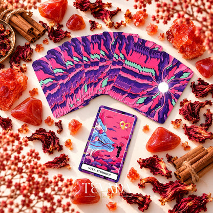 At the Edge of the Galaxy Tarot purple and pink sunburst card backs fanned above a blue illustrated tarot card.
