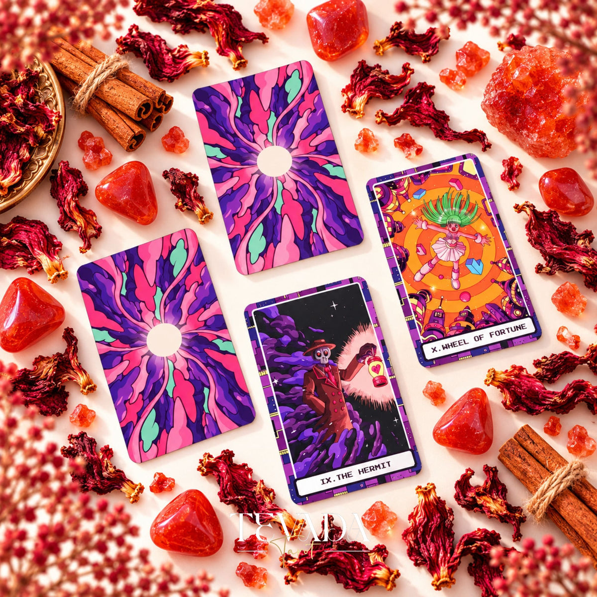 At the Edge of the Galaxy Tarot purple sunburst card backs shown beside two colorful card fronts among red flowers and crystals.