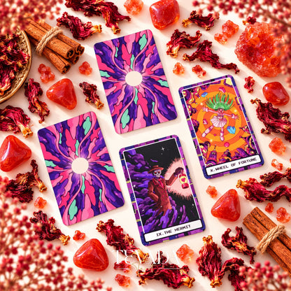 At the Edge of the Galaxy Tarot purple sunburst card backs shown beside two colorful card fronts among red flowers and crystals.