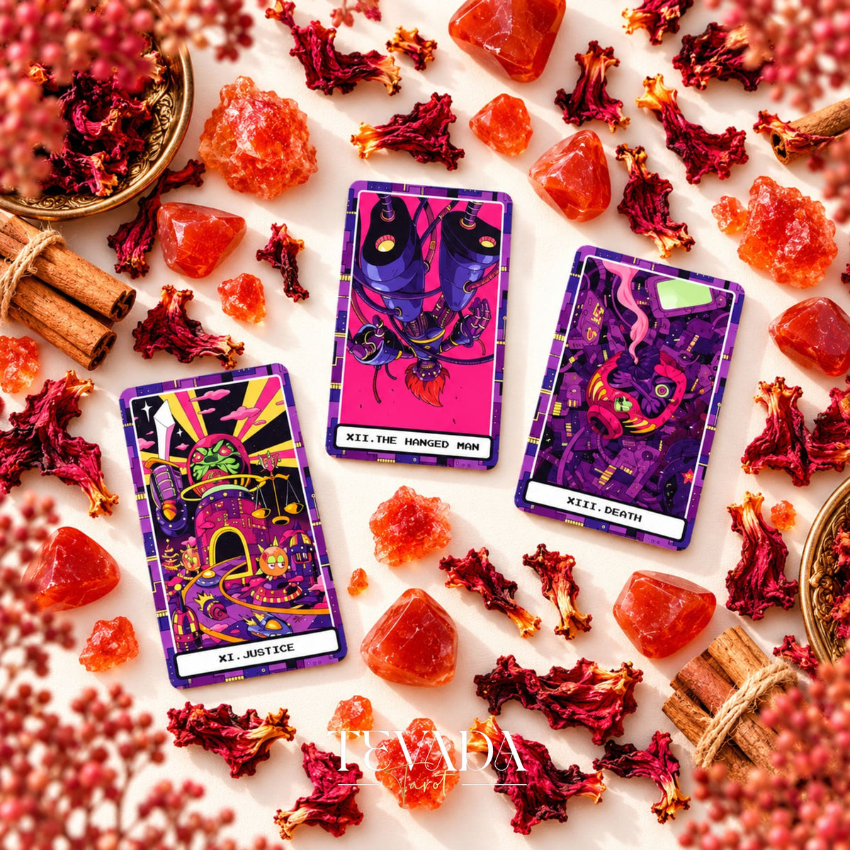 At the Edge of the Galaxy Tarot The Chariot, The High Priestess and The Hermit cards displayed together in vivid cyberpunk colors.